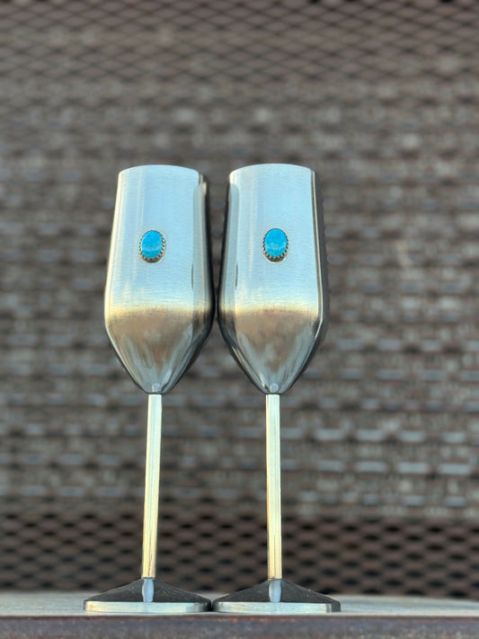 Kingman Turquoise Wedding Flutes - Genuine Turquoise Champagne Glasses (Ready to Ship)