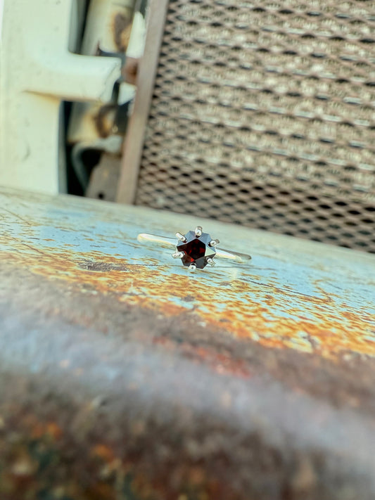 Hexagon Garnet Sterling Silver Ring – Size 7