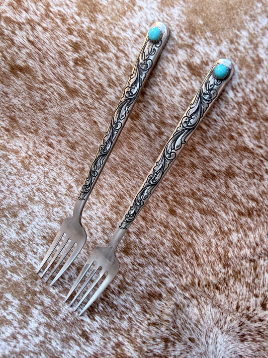 Wedding Cake Forks - Genuine Turquoise Engraved Fork Set | Ready to Ship