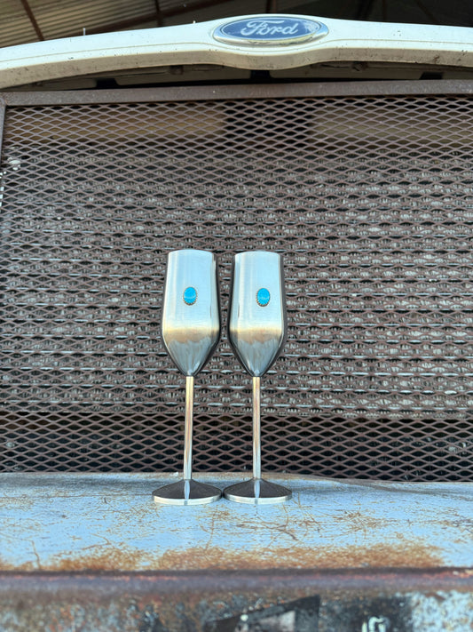Kingman Turquoise Wedding Flutes - Genuine Turquoise Champagne Glasses (Ready to Ship)