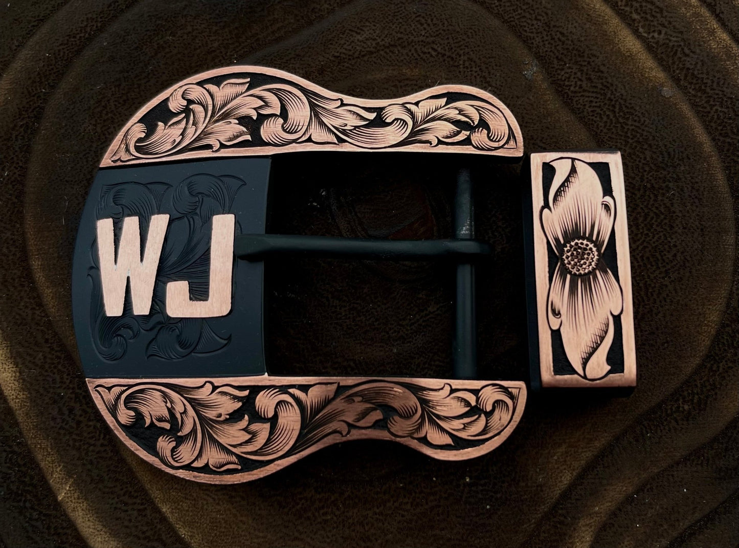 Background scrollwork under brand/initials on buckle - Boles Silver
