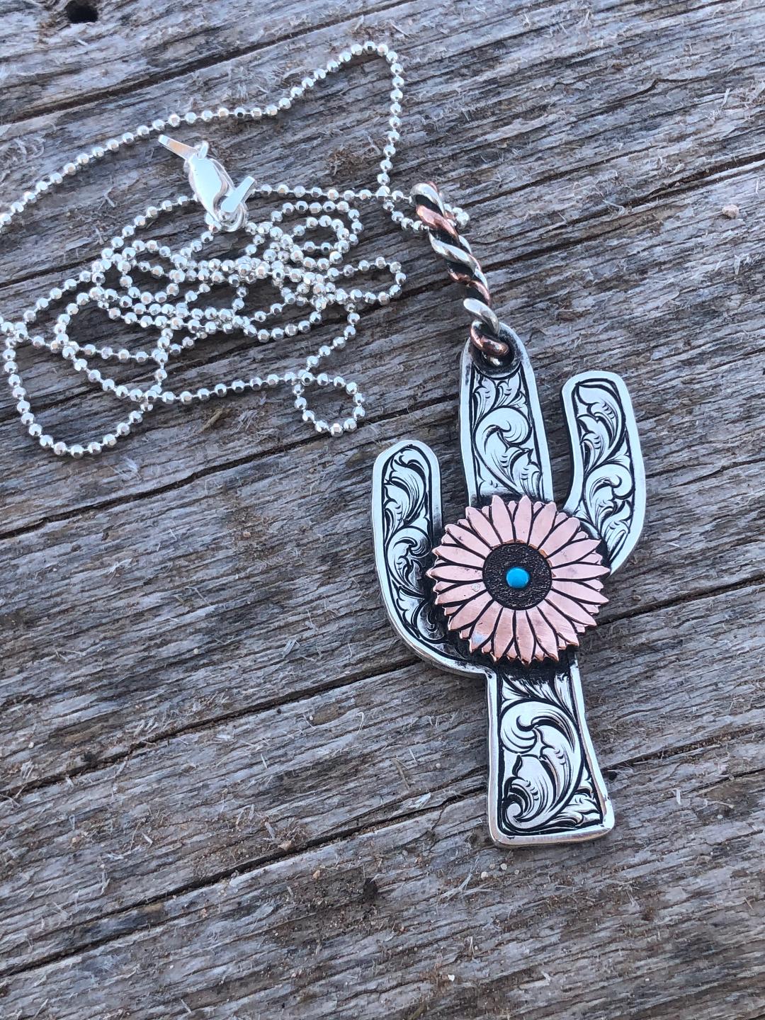 Custom engraved silver cactus with copper flower - Boles Silver