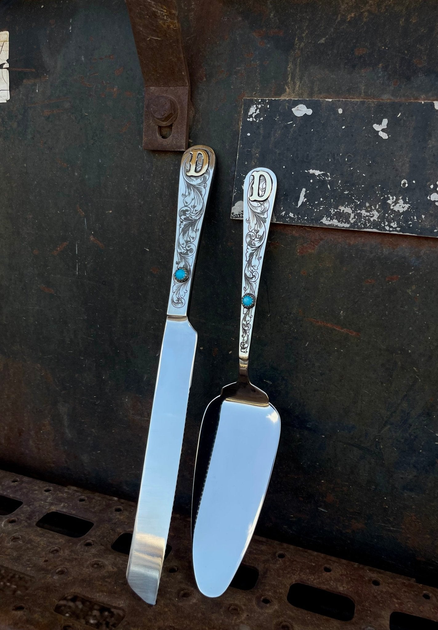 Custom engraved cake serving set with brass initial and genuine turquoise.