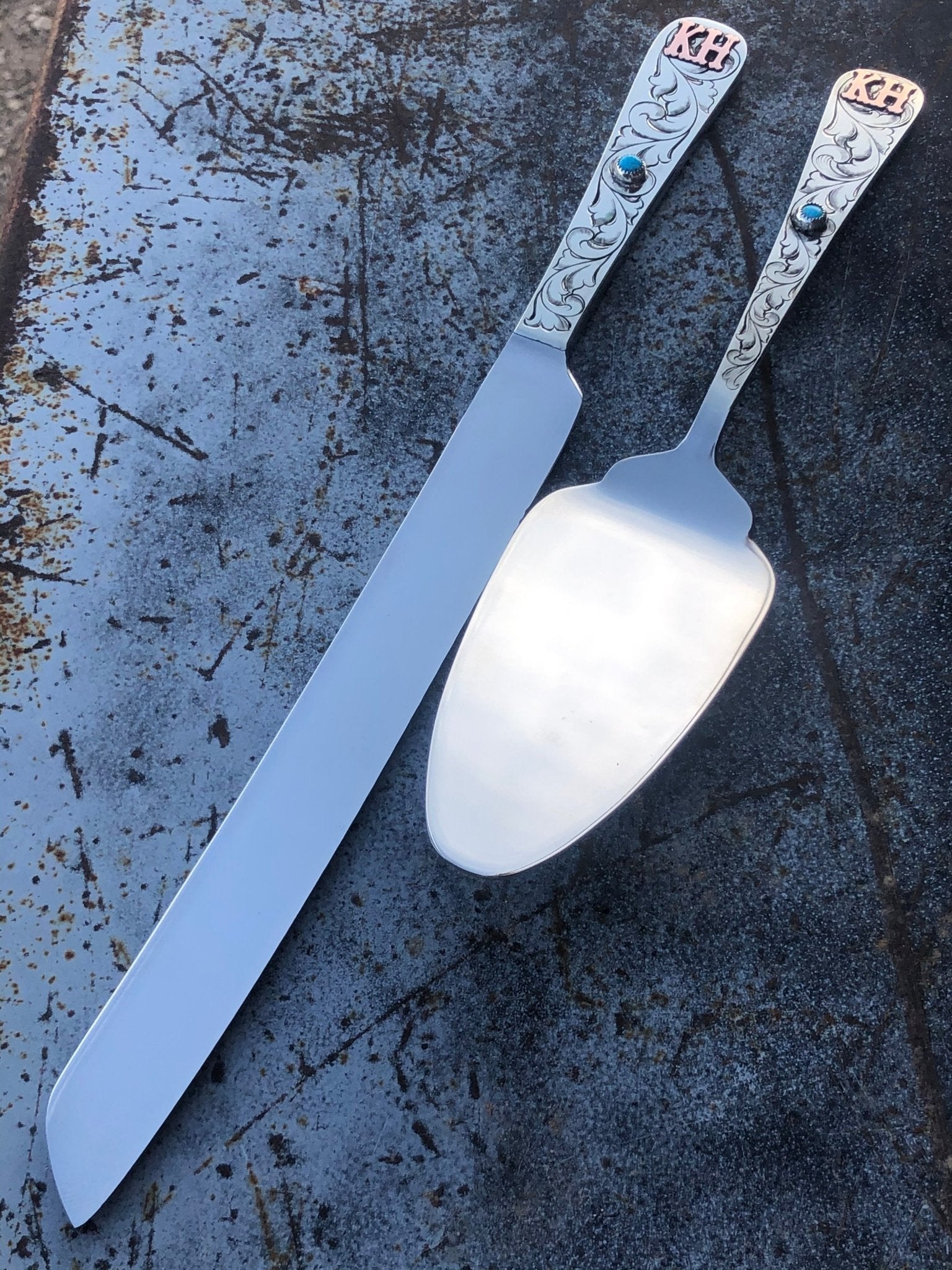 Engraved cake serving set with copper initials and genuine turquoise