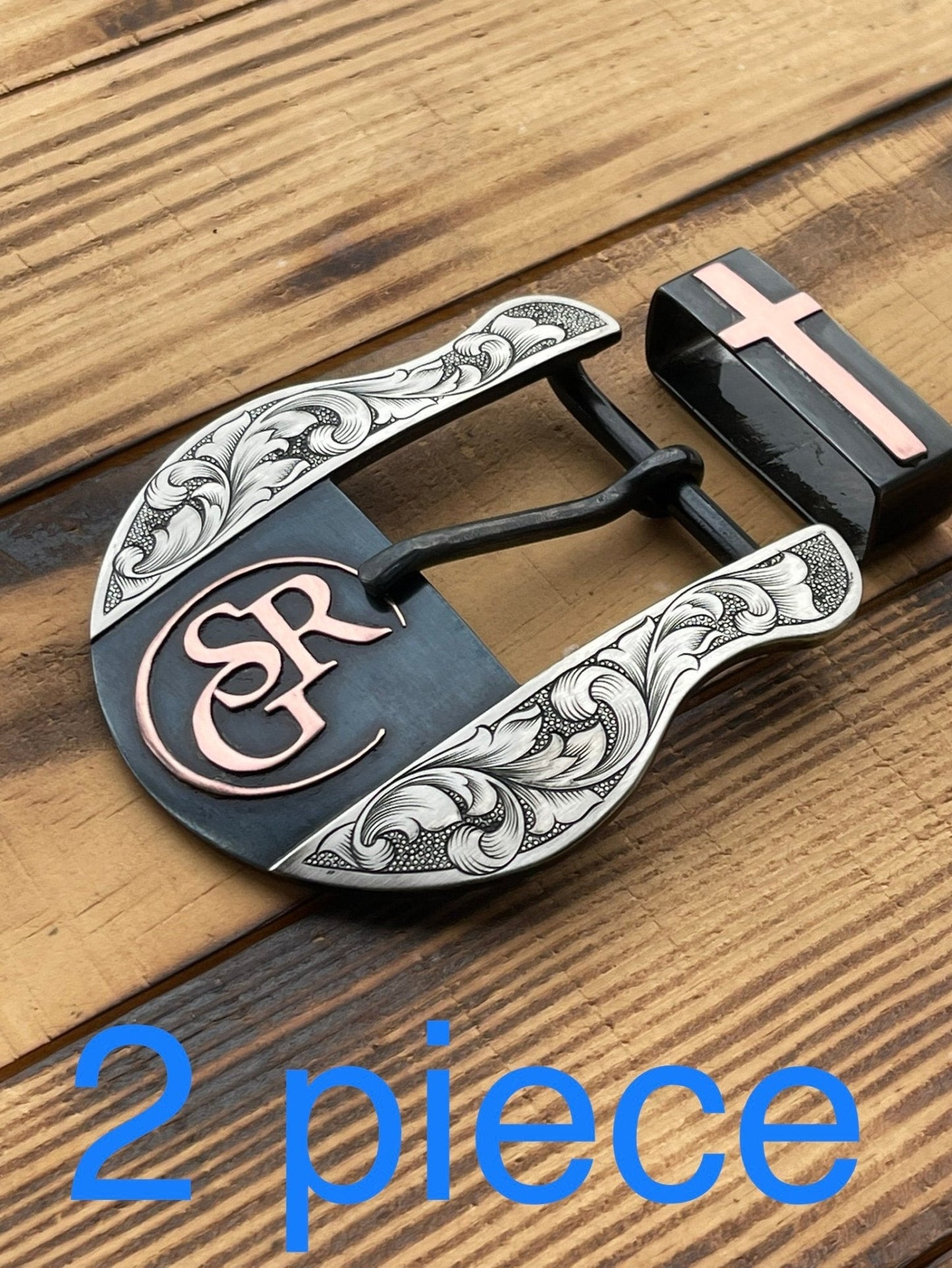 Custom Western Belt Buckle - Silver and copper buckle with beaded engraving