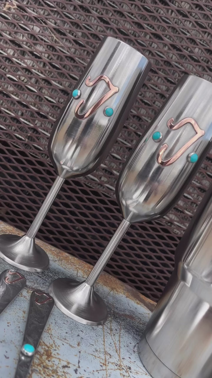 turquoise branded wedding flutes and custom requested tumblers and mugs