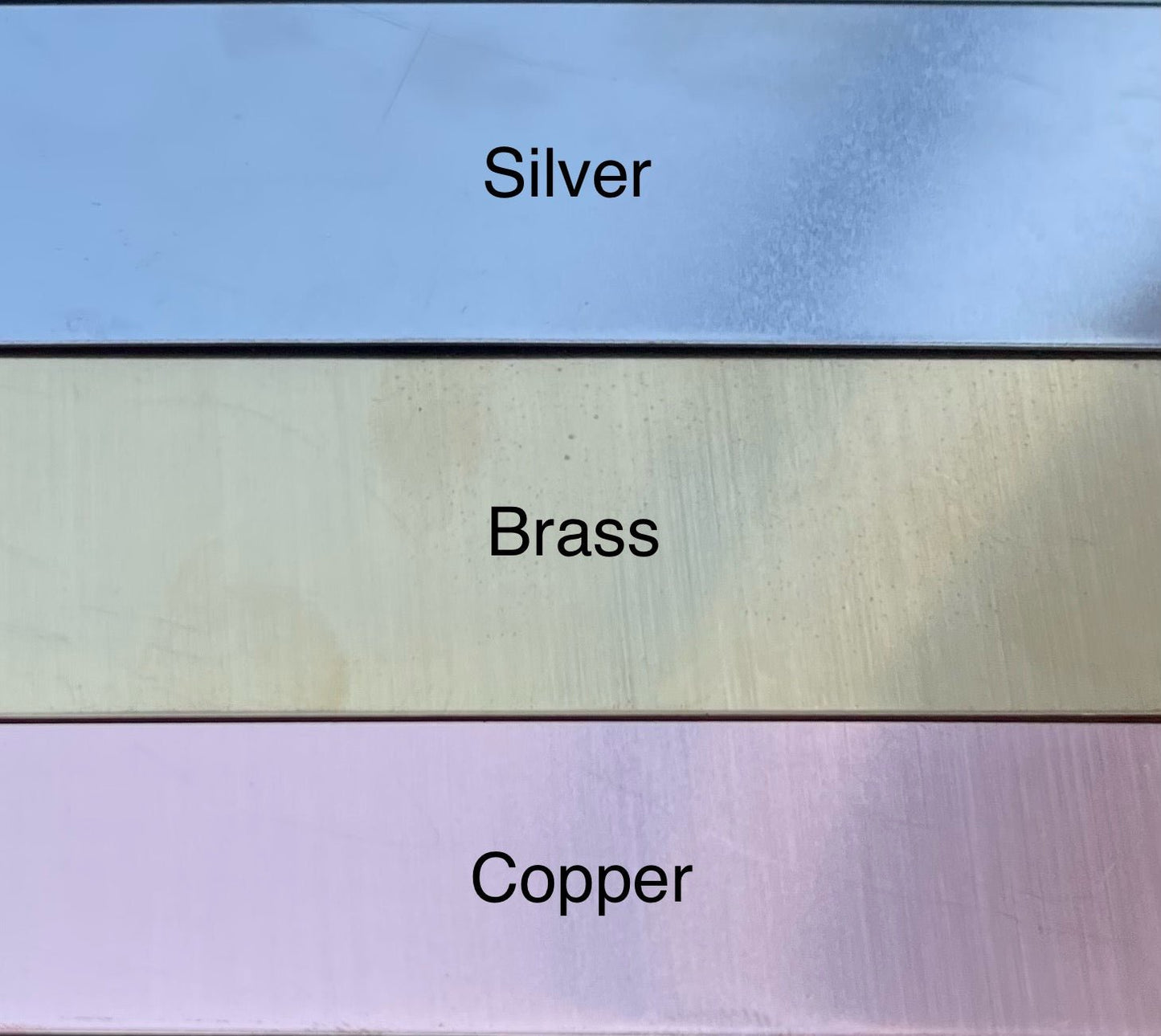 examples of different metal color options; silver, brass and copper.