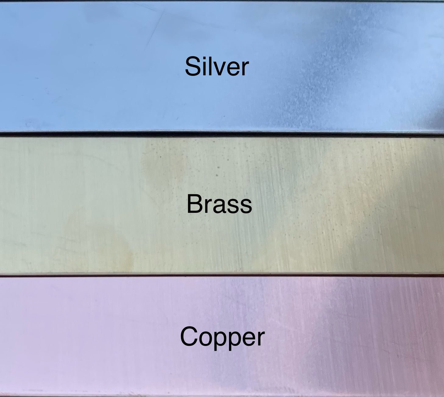 examples of different metal color options; silver, brass and copper.