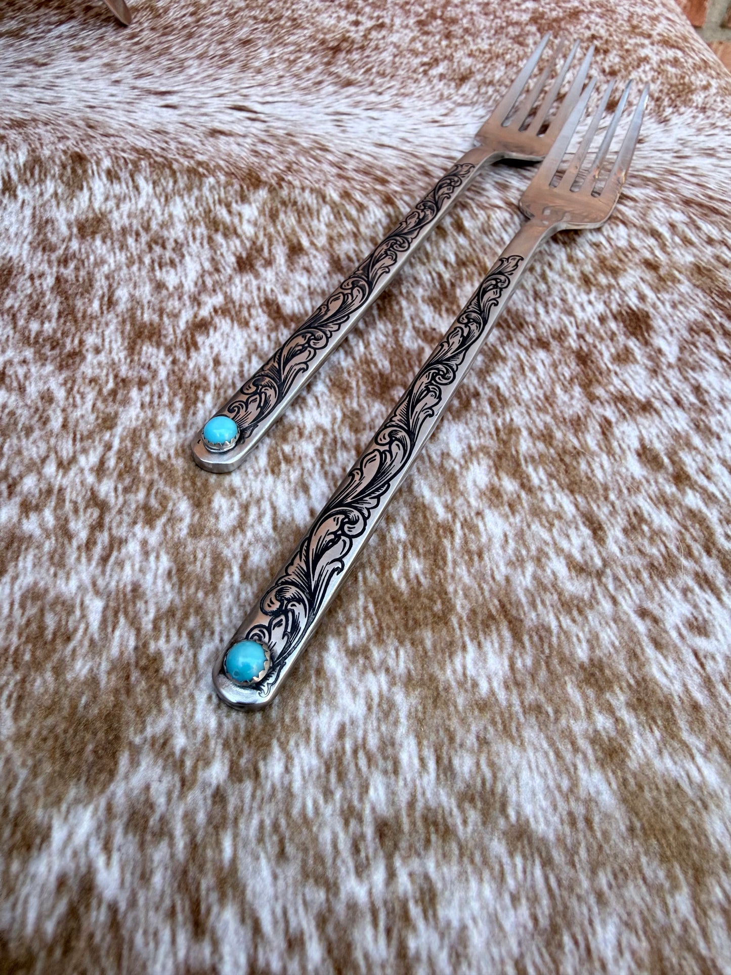 Wedding Cake Forks - Genuine Turquoise Engraved Fork Set | Ready to Ship