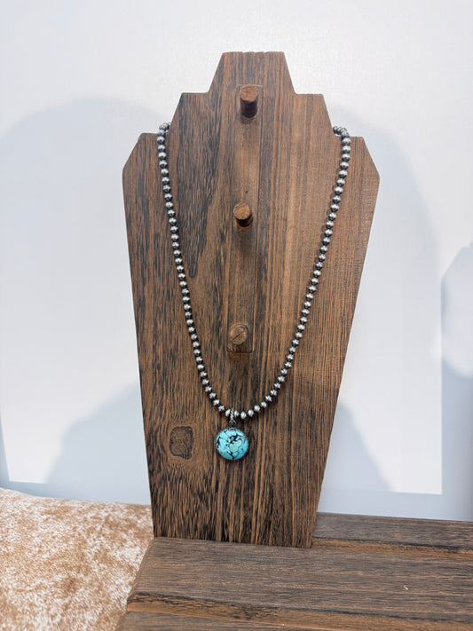 The Bosque Sterling Silver Pearl Necklace with Genuine Turquoise Pendant