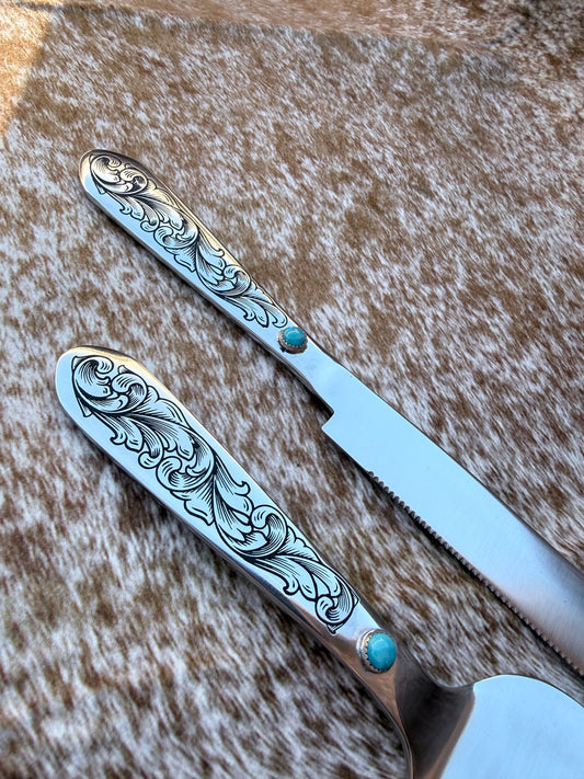 Wedding Cake Serving Set | Genuine Turquoise Engraved Cake Knife and Server - Ready to Ship