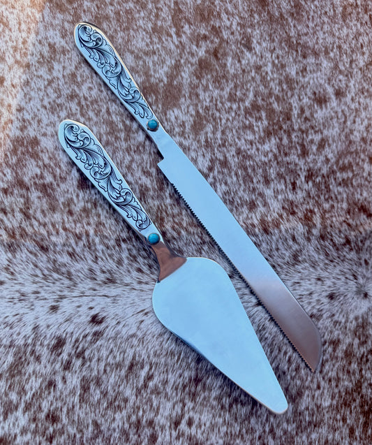 Wedding Cake Serving Set | Genuine Turquoise Engraved Cake Knife and Server - Ready to Ship