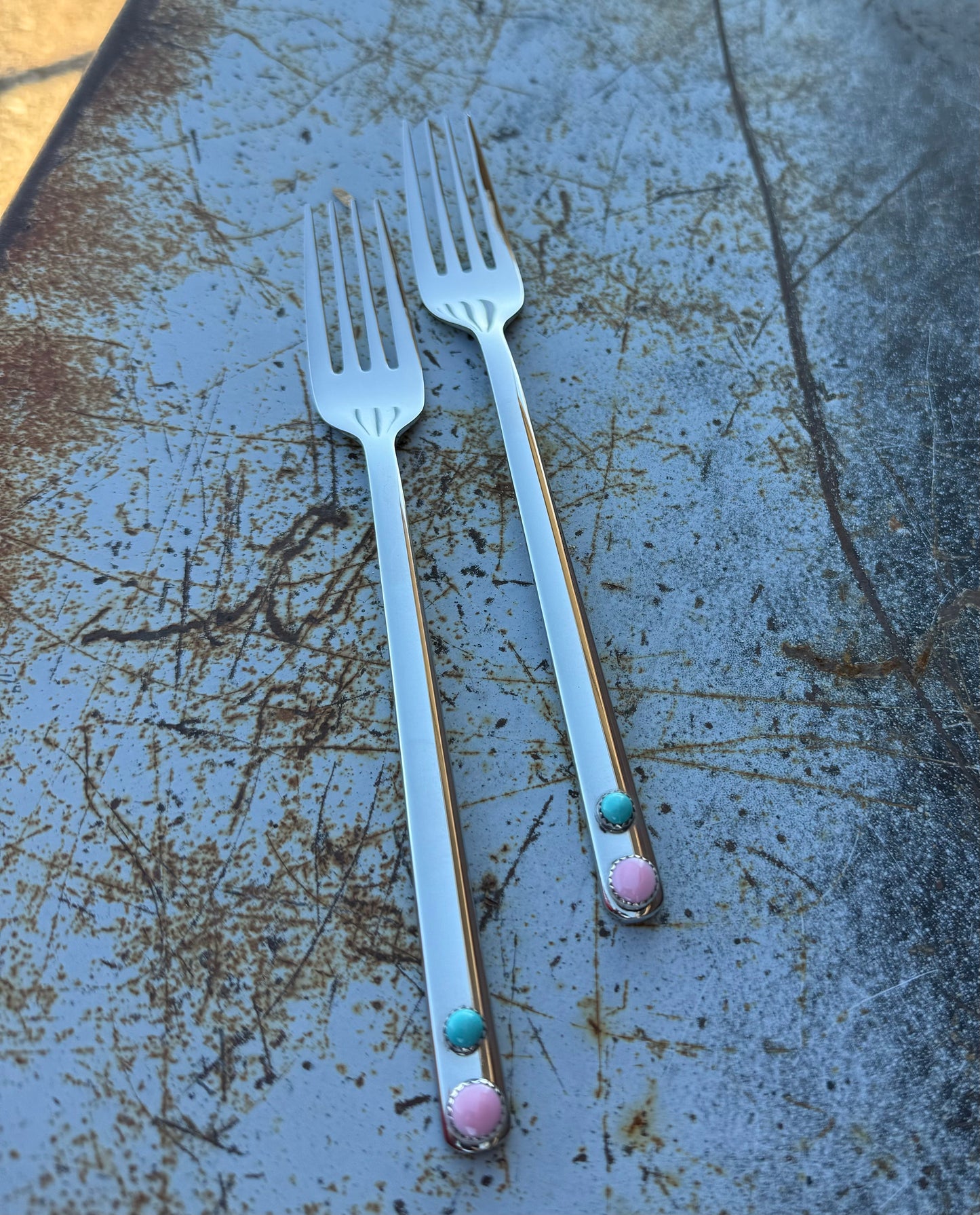 Genuine Turquoise and Queen Conch Shell Cake Forks (set of 2) - Wedding Cake Fork| Boles Silver