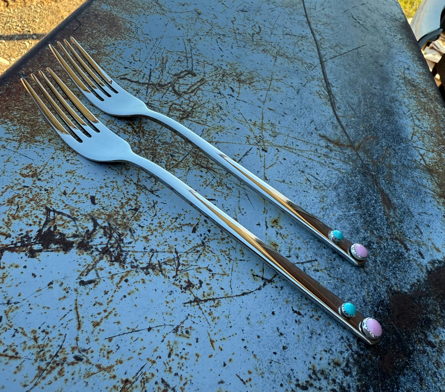 Genuine Turquoise and Queen Conch Shell Cake Forks (set of 2) - Wedding Cake Fork| Boles Silver