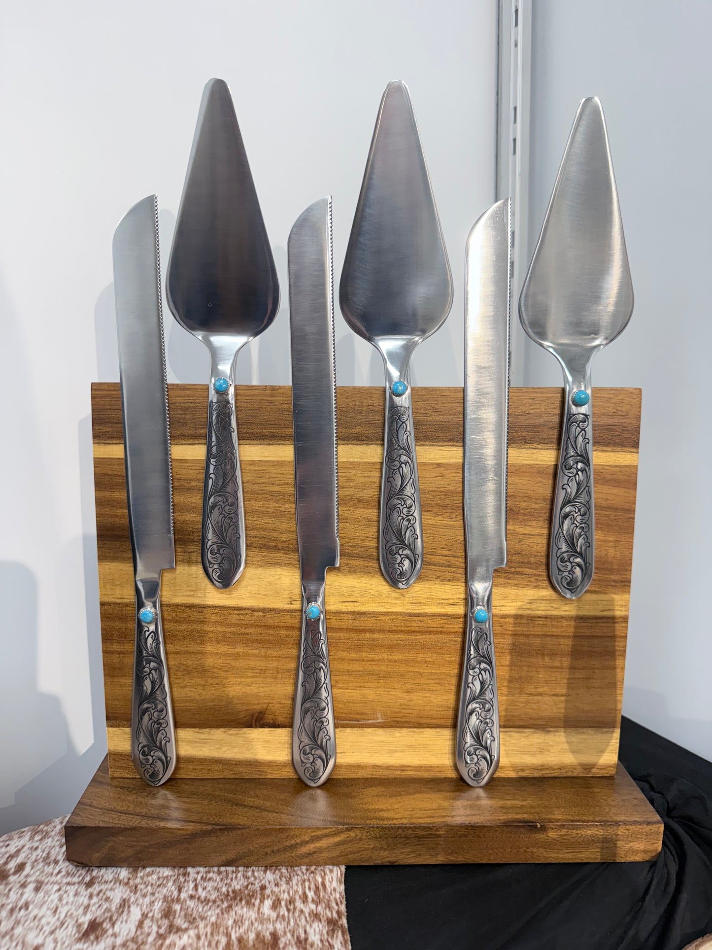 Wedding Cake Serving Set | Genuine Turquoise Engraved Cake Knife and Server - Ready to Ship