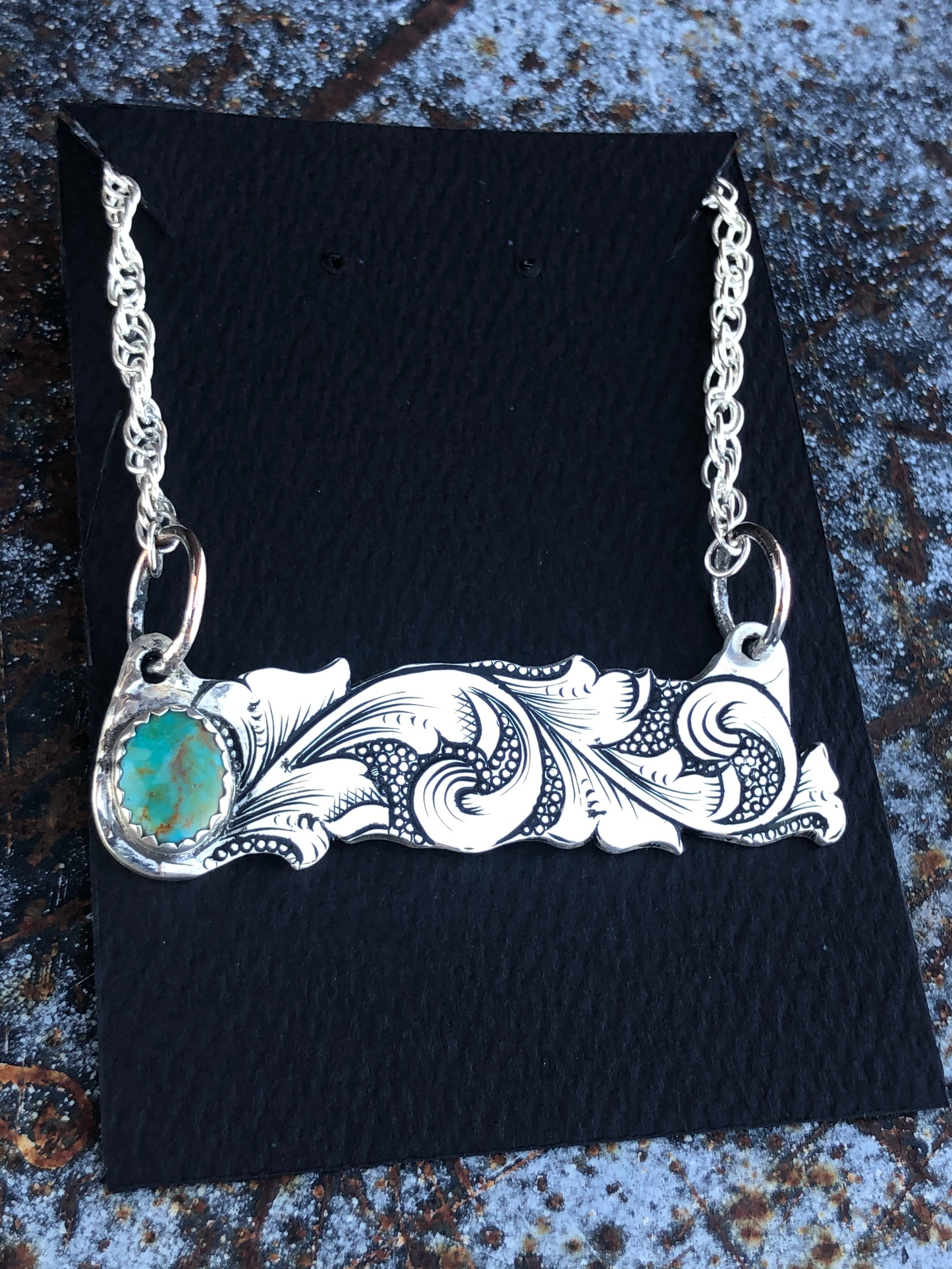Custom genuine turquoise engraved bar necklace