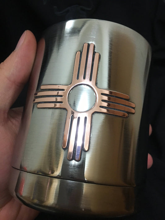 Custom whiskey cup with copper Zia symbol